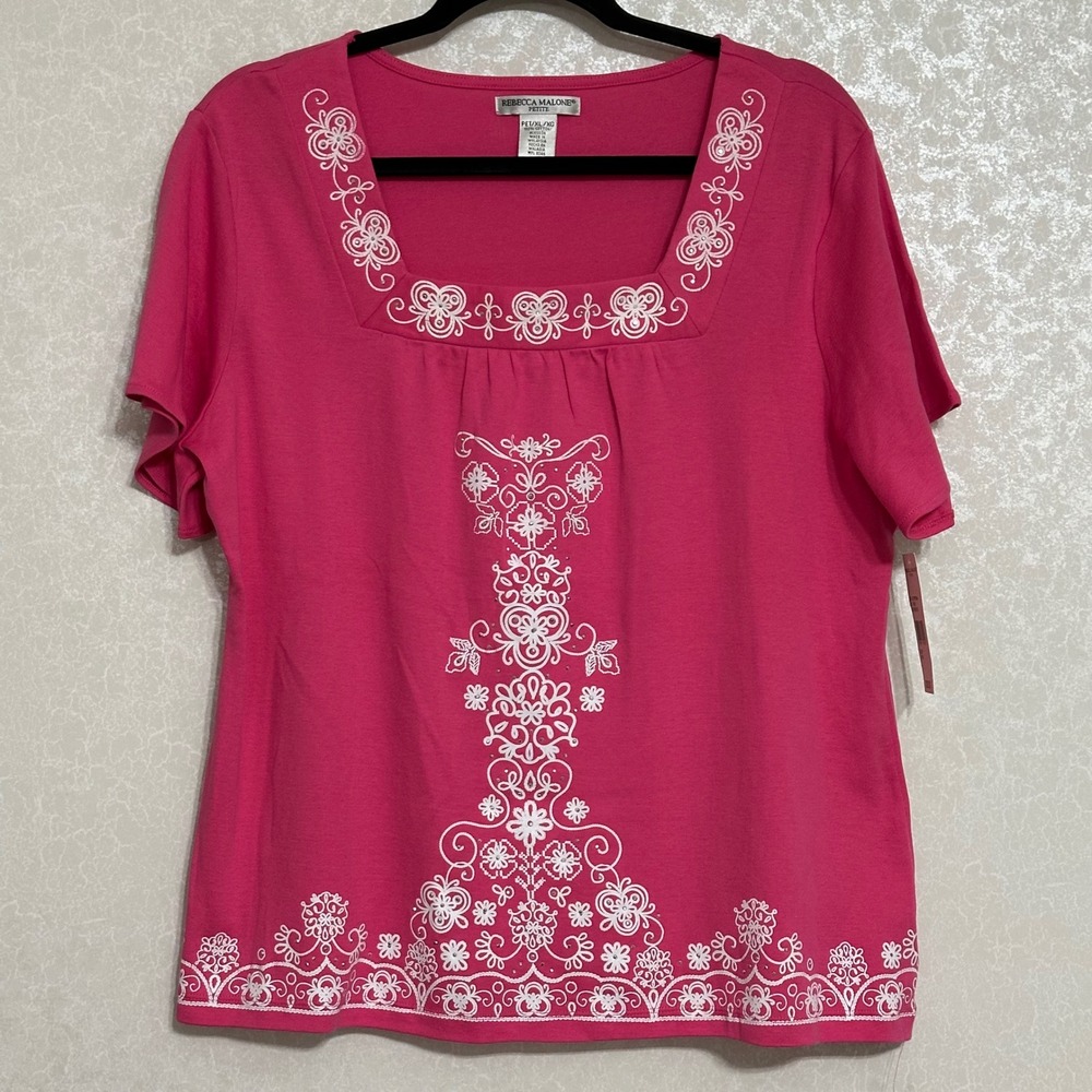 Rebecca Malone‎ Petite Floral Rhinestone Top Pink Flirt Cottagecore NWT PXL